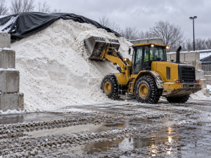 Ainger commercial snow removal equipment working at the winter salt reserve